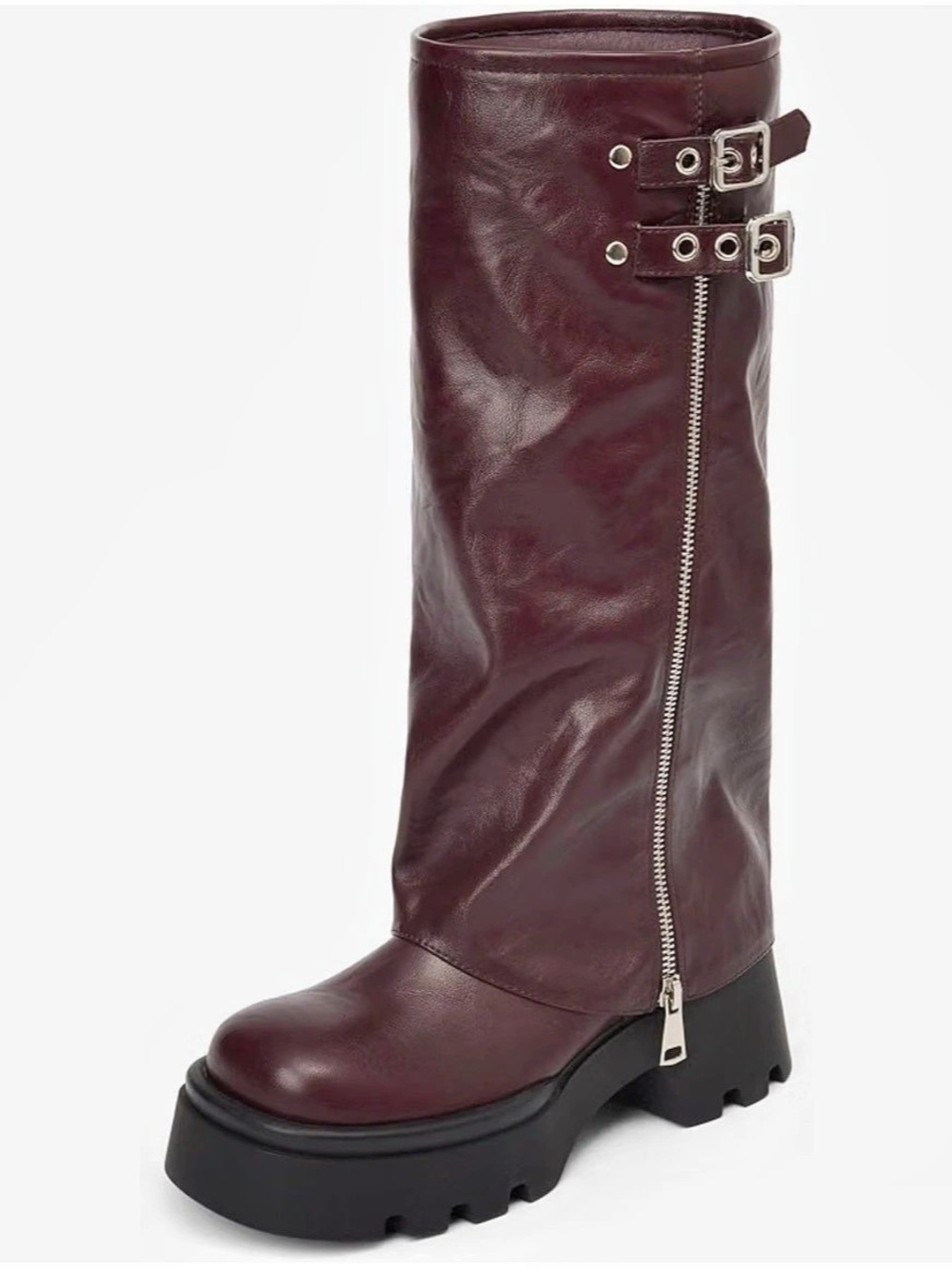 TEAIEUI Women's Burgundy Platform knee high Moto Boots